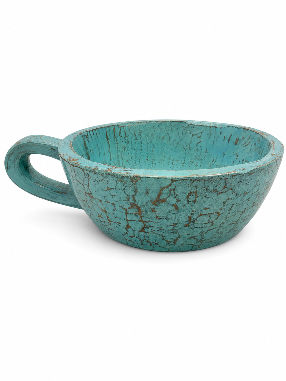 Taça madeira azul turquesa com asa com asa acabamento decapé